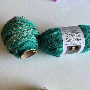 Red Heart Boutique SASHAY BOHO Yarn ENVY #1967 Green Tan Gold Sequins Lot of 2